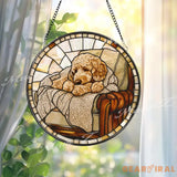 Cozy Dog Stained Glass Suncatcher Curled Pup on Armchair Window Panel Warm Rustic Pet Decor Gift for Dog Lovers and