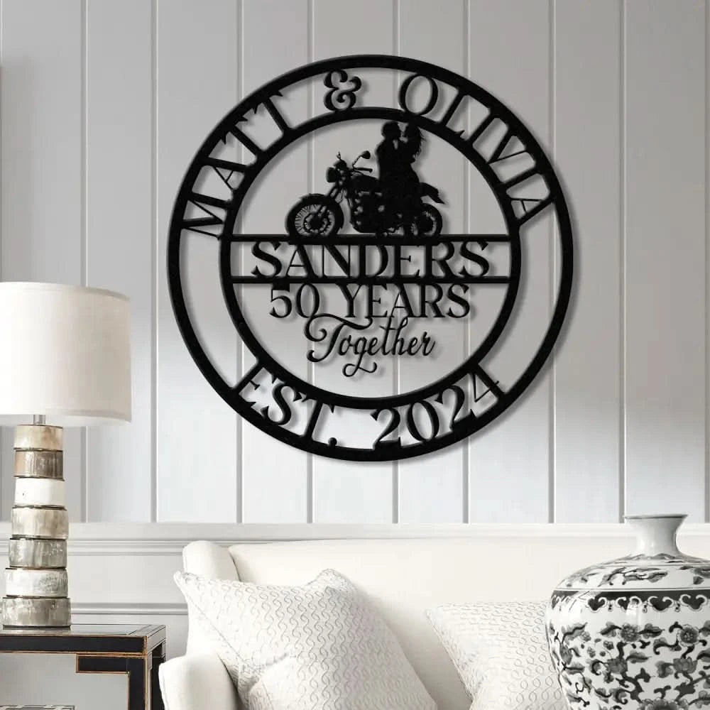 Custom 50 Years Together Biker Couple Metal Sign - Personalized Motorcycle Rider Wall Art - Anniversary or Wedding Gift
