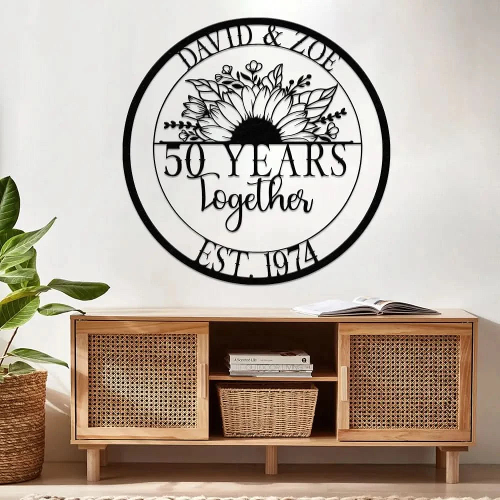 Custom 50 Years Together Floral Metal Sign Personalized Last Name Monogram Anniversary Gift Wedding Metal Sign