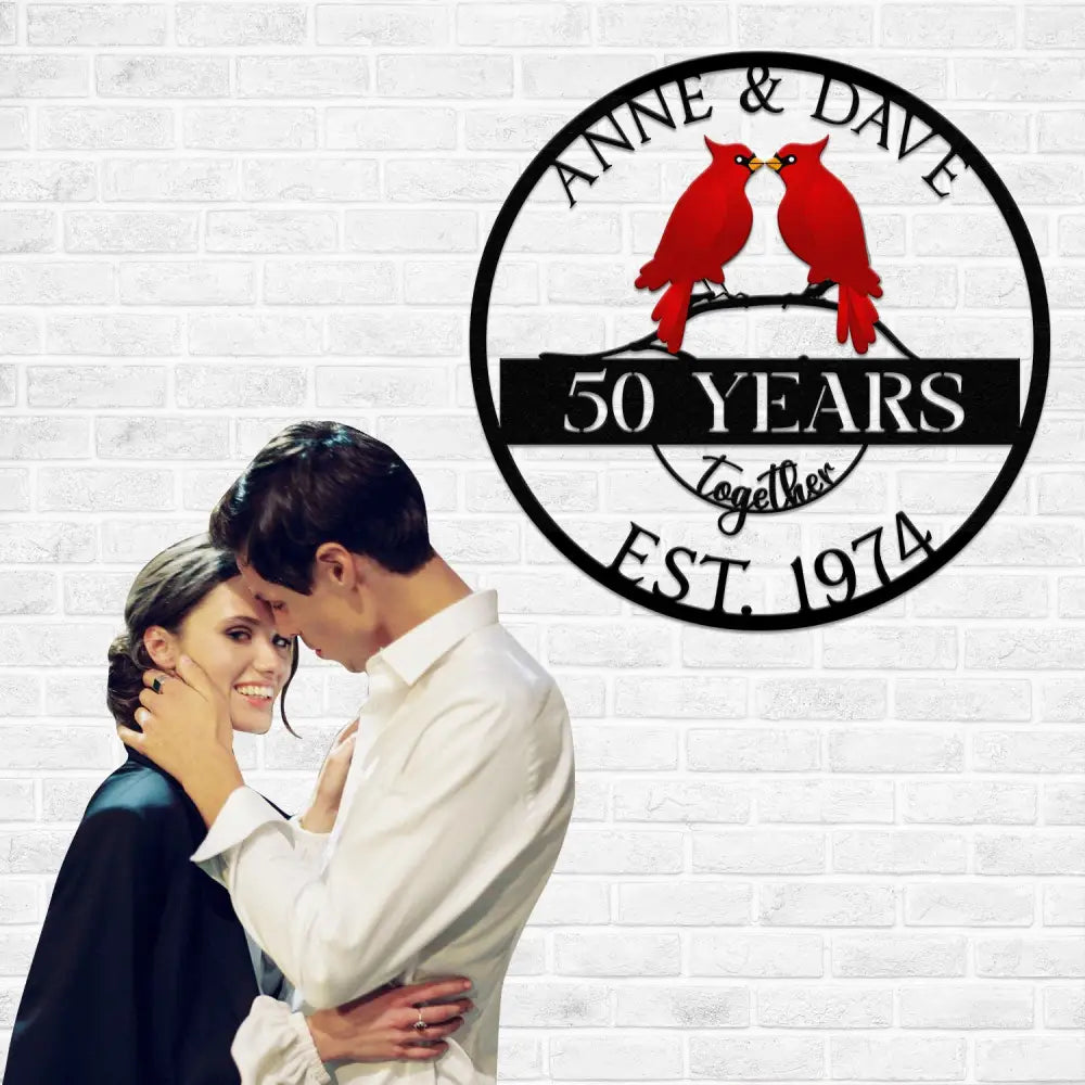 Custom 50th Anniversary Gift Golden Wedding Metal Sign with Cardinal Birds Personalized Wall Art for Parents Wedding