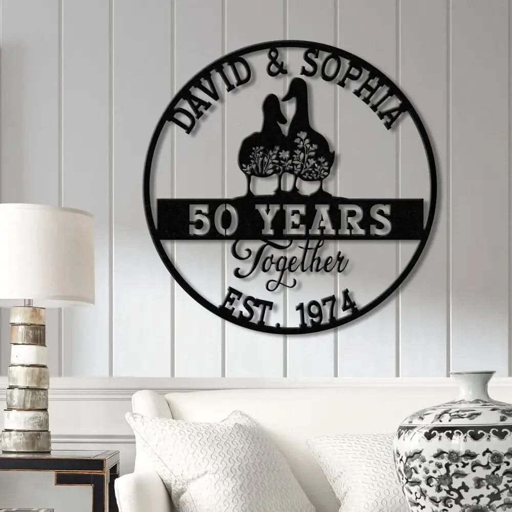 Custom 50th Anniversary Gift Golden Wedding Metal Sign with Duck Couple Personalized Wall Art for Parents Wedding