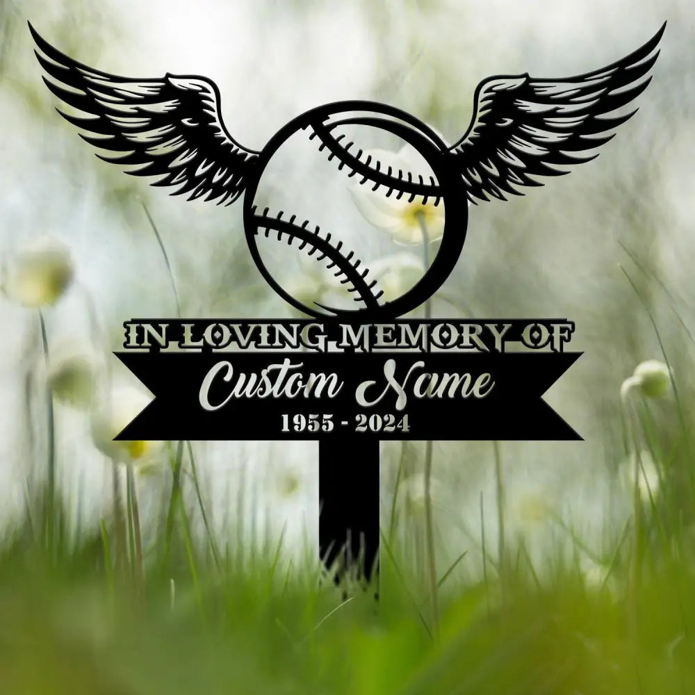 Custom Baseball With Wings Memorial Plaque Stake Personalized Baseball Grave Marker Remembrance Stake Garden Decor
