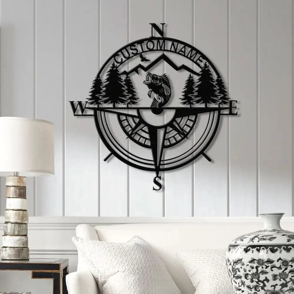 Custom Bass Fishing Compass Metal Sign with LED Lights Fishing Name Sign Lake House Decor Fish Art Wall Sculpture Bass