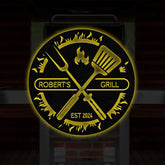 Custom BBQ Sign with Led Light Personalized Metal Wall Decor Round Metal Sign Outdoor Kitchen Wall Art Backyard