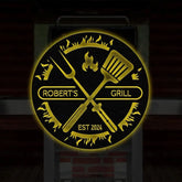 Custom BBQ Sign with Led Light Personalized Metal Wall Decor Round Metal Sign Outdoor Kitchen Wall Art Backyard