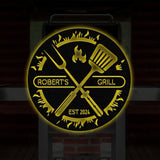Custom BBQ Sign with Led Light Personalized Metal Wall Decor Round Metal Sign Outdoor Kitchen Wall Art Backyard