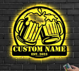 Custom Beer Bar Metal Wall Art LED Light Personalized Beer Mug Cheers Name Sign Home Decor Alcohol Drink Bar Pub