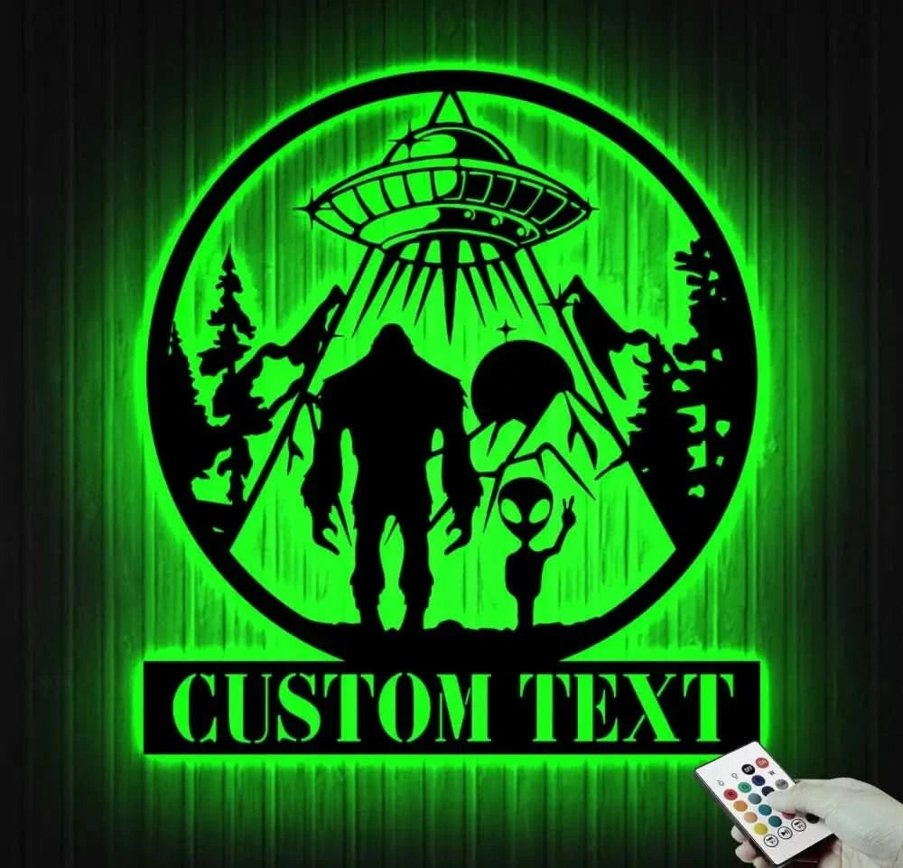 Custom Bigfoot Alien UFO Metal Wall Art Led Light - Personalized Sasquatch Name Sign Decor - UFO lover gift - alien