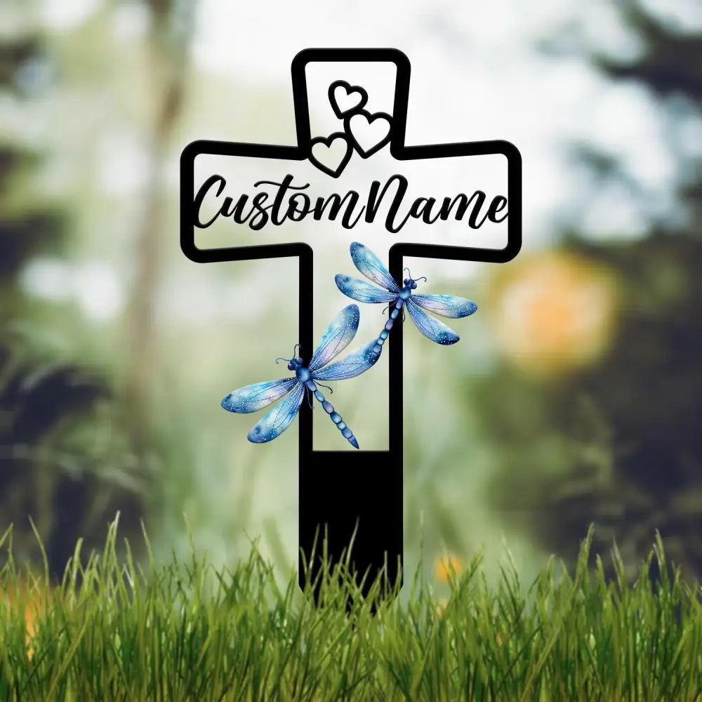 Custom Blue Dragonfly Memorial Cross Plaque Stake Personalized Cross with Hearts Grave Marker Cemetery Stake In Memory