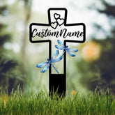 Custom Blue Dragonfly Memorial Cross Plaque Stake Personalized Cross with Hearts Grave Marker Cemetery Stake In Memory