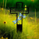 Custom Blue Dragonfly Memorial Cross Plaque Stake Personalized Cross with Hearts Grave Marker Cemetery Stake In Memory