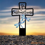 Custom Blue Dragonfly Memorial Cross Plaque Stake Personalized Cross with Hearts Grave Marker Cemetery Stake In Memory