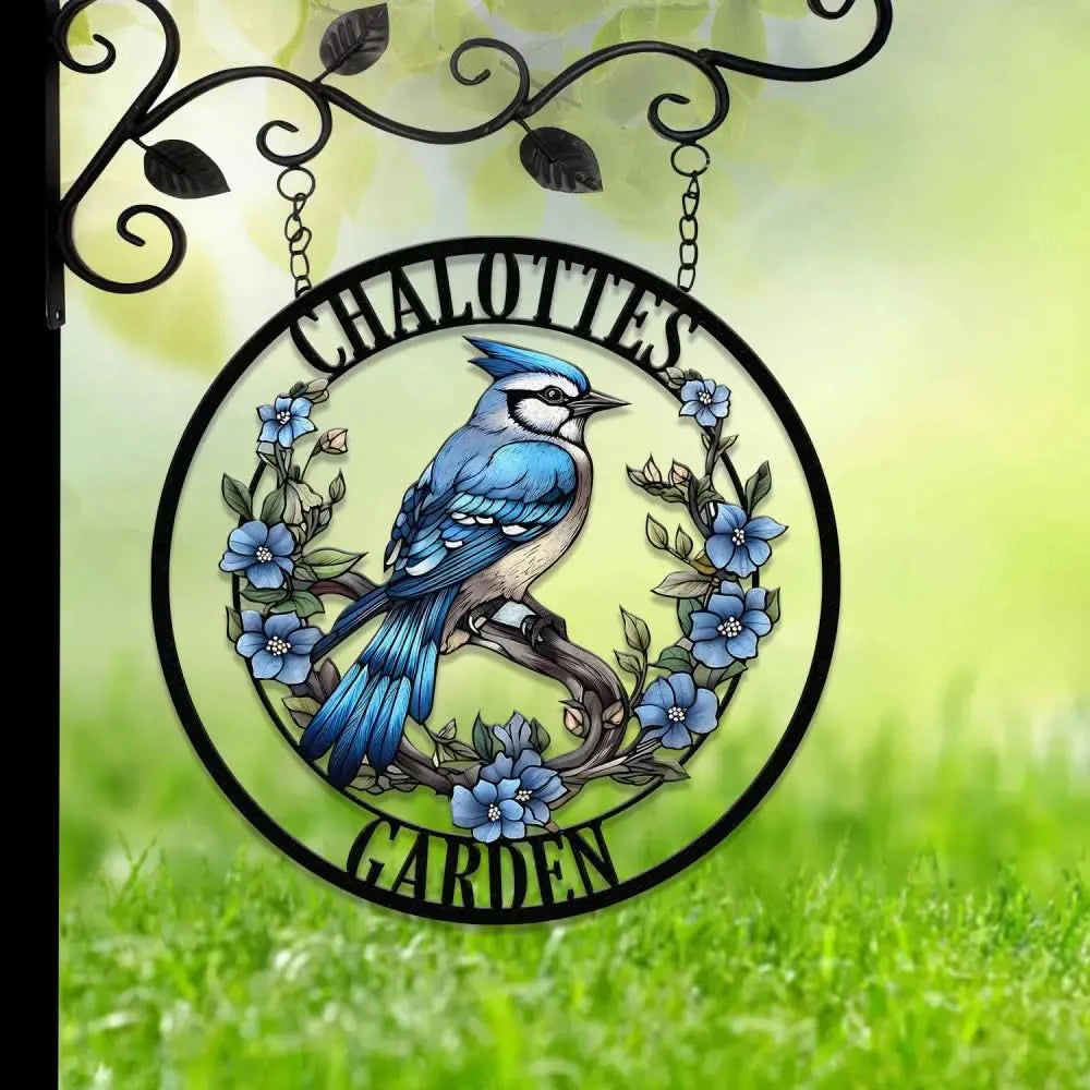 Custom Blue Jay Bird Garden Sign Personalized Metal Garden Decor Metal Bird Sign Blue Jay Bird Wall Art Gift For