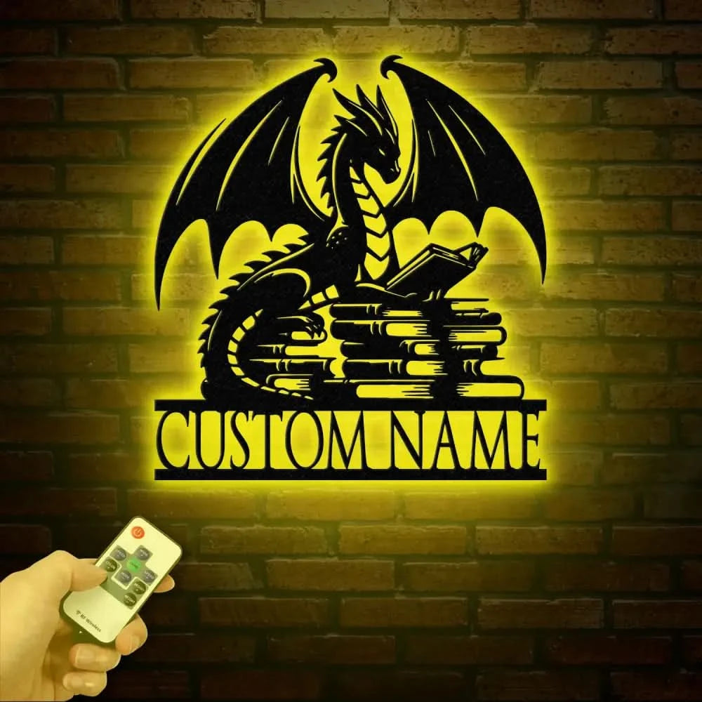 Custom Book Dragon Metal Sign with Led Lights Personalized Bookish Dragon Wall Art Book Lover Gifts Reading Gifts