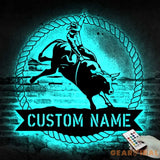 Custom Bull Rider Metal Wall Art LED Light - Bull Rider Gift - Home Decor Cowboy Riding Bull Decoration - Personalized