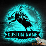 Custom Bull Rider Metal Wall Art LED Light - Bull Rider Gift - Home Decor Cowboy Riding Bull Decoration - Personalized