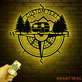 Custom Caravan Compass Metal Wall Art with LED Light Personalized Camper Name Sign Caravan Camping Metal Decor LED Room