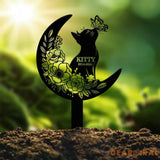 Custom Cat Grave Marker - Personalized Memorial Stake with Moon & Flowers Cat Name Garden Decor Metal Cat Loss Gift for