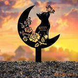 Custom Cat Grave Marker - Personalized Memorial Stake with Moon & Flowers Cat Name Garden Decor Metal Cat Loss Gift for