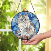Custom Cat Name Stained Glass Suncatcher Blue Eyed Longhair Cat Window Hanging Personalized Pet Memorial Gift Cat Lover
