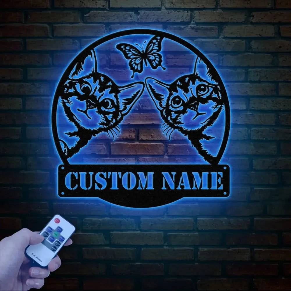 Custom Cat Sign with LED Lights - Personalized Cat Name Door Hanger - Metal Peeking Cat Wall Art - Kitten Welcome Sign