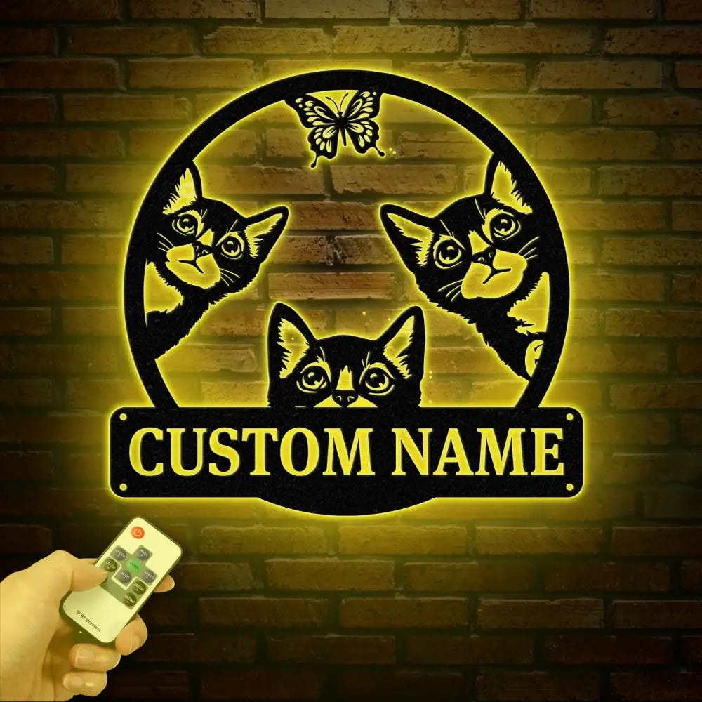 Custom Cat Sign with LED Lights - Personalized Cat Name Door Hanger - Metal Peeking Cat Wall Art - Kitten Welcome Sign