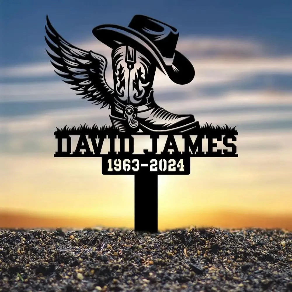 Custom Cowboy Boot Hat With Wings Memorial Stake Personalized Cowboy Name Memorial Sign Cowboy Sympathy Gift Memorial