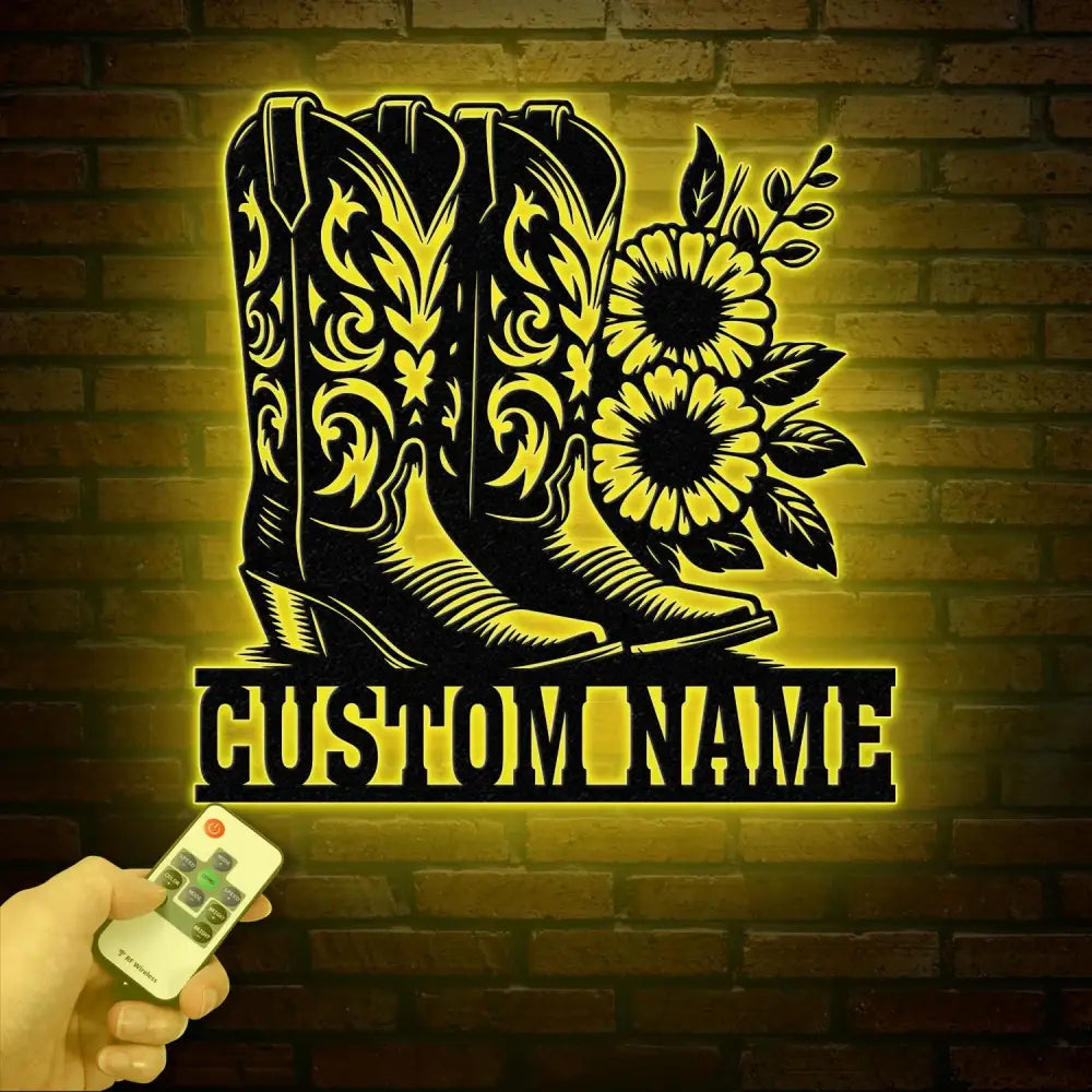 Custom Cowboy Boots with Flowers Metal Wall Art with LED Light Personalized Western Horse Shoes Name Sign Country