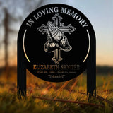 Custom Cross with Praying Hand Memorial Plaque Stake Religion Metal Stake Sympathy Sign Grave Marker Remembrance Stake