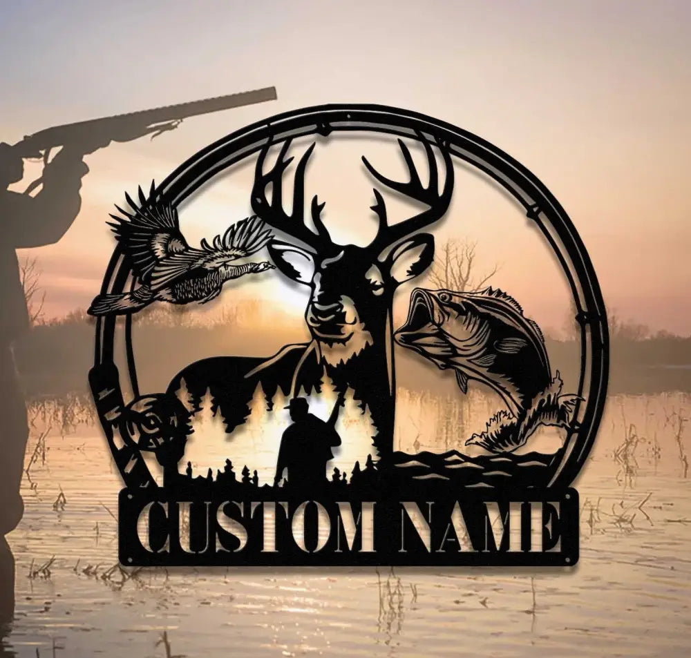 Custom Deer Turkey And Bass Fishing Metal Wall Art Hunter Gift Personalized Hunter Name Sign Home Decor Cabin