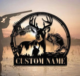 Custom Deer Turkey And Bass Fishing Metal Wall Art Hunter Gift Personalized Hunter Name Sign Home Decor Cabin