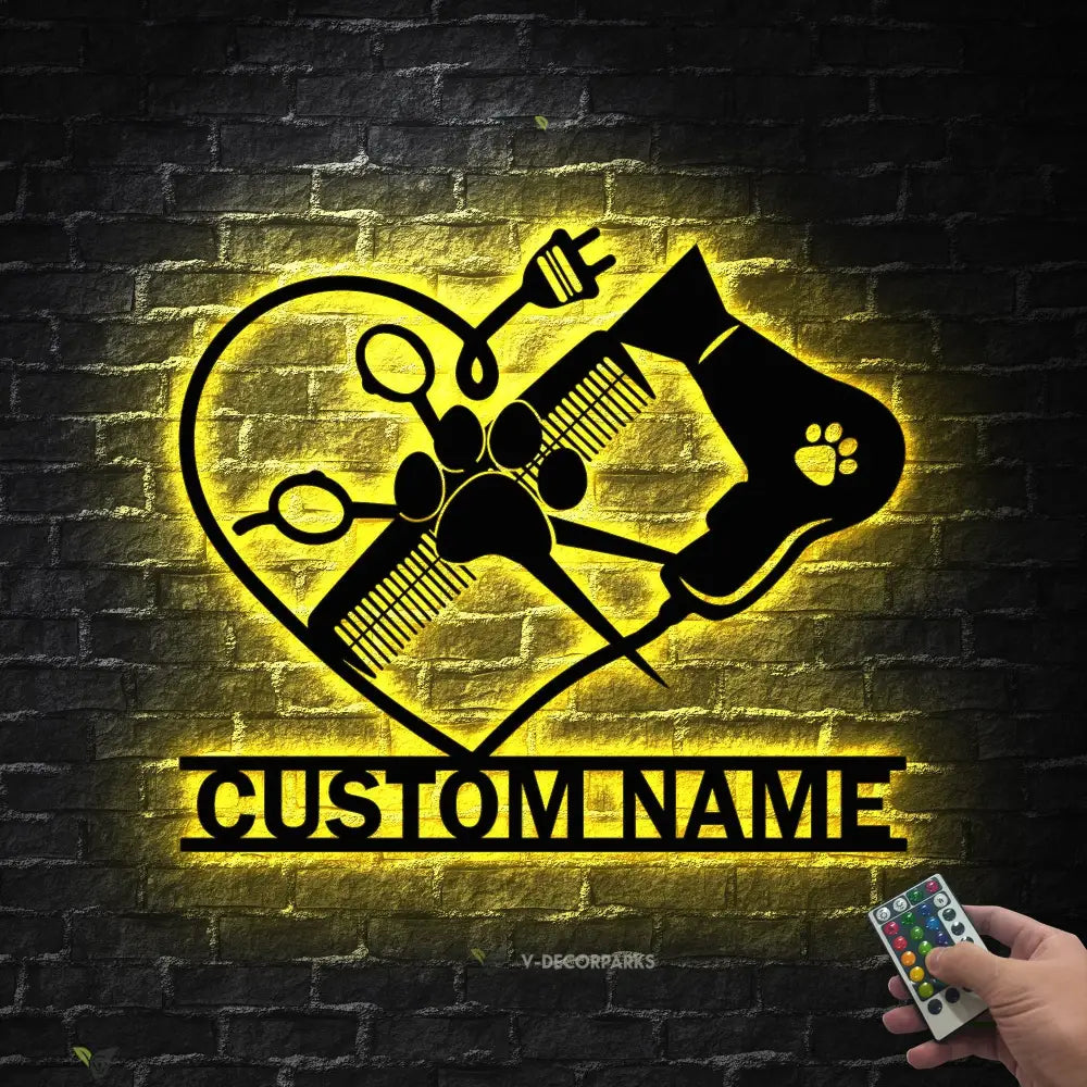 Custom Dog Grooming Hair Salon Metal Wall Art LED Light Personalized Groomer Name Sign Home Decor Pet Grooming