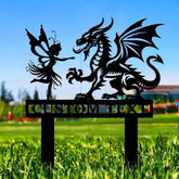 Custom Dragon and Fairy Metal Stake Personalized Family Name Yard Sign Outdoor Door Garden Decor Garden Art Garden
