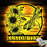 Custom Dragonfly and Sunflower Metal Wall Art LED Light Personalized Dragonfly Lover Name Sign Dragonfly Metal Sign