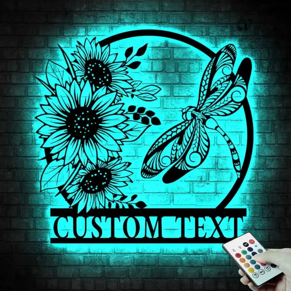 Custom Dragonfly and Sunflower Metal Wall Art LED Light Personalized Dragonfly Lover Name Sign Dragonfly Metal Sign