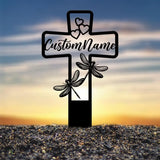 Custom Dragonfly Memorial Cross Plaque Stake Personalized Cross with Hearts Grave Marker Cemetery Stake In Memory of