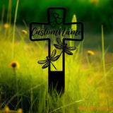Custom Dragonfly Memorial Cross Plaque Stake Personalized Cross with Hearts Grave Marker Cemetery Stake In Memory of