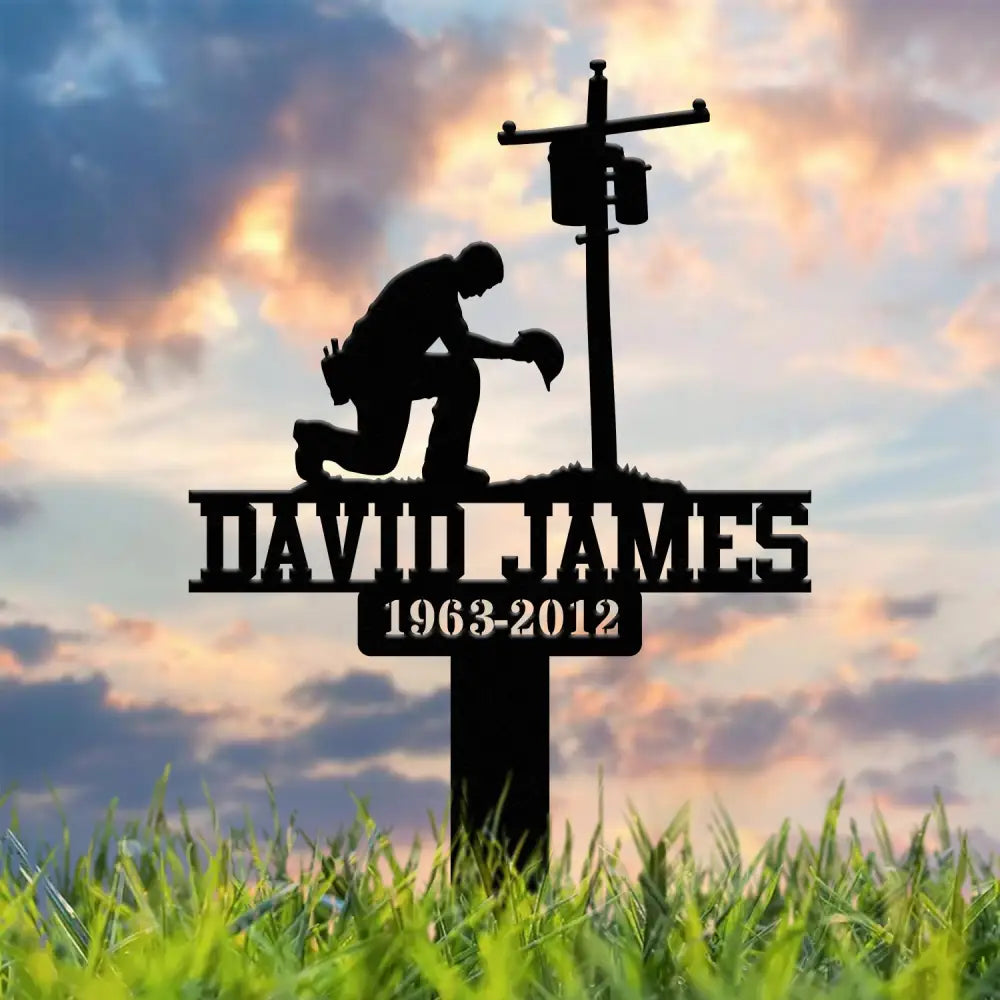 Custom Electrician Lineman with Cross Memorial Stake Lineman Memorial Sign Sympathy Sign Grave Marker Remembrance Stake
