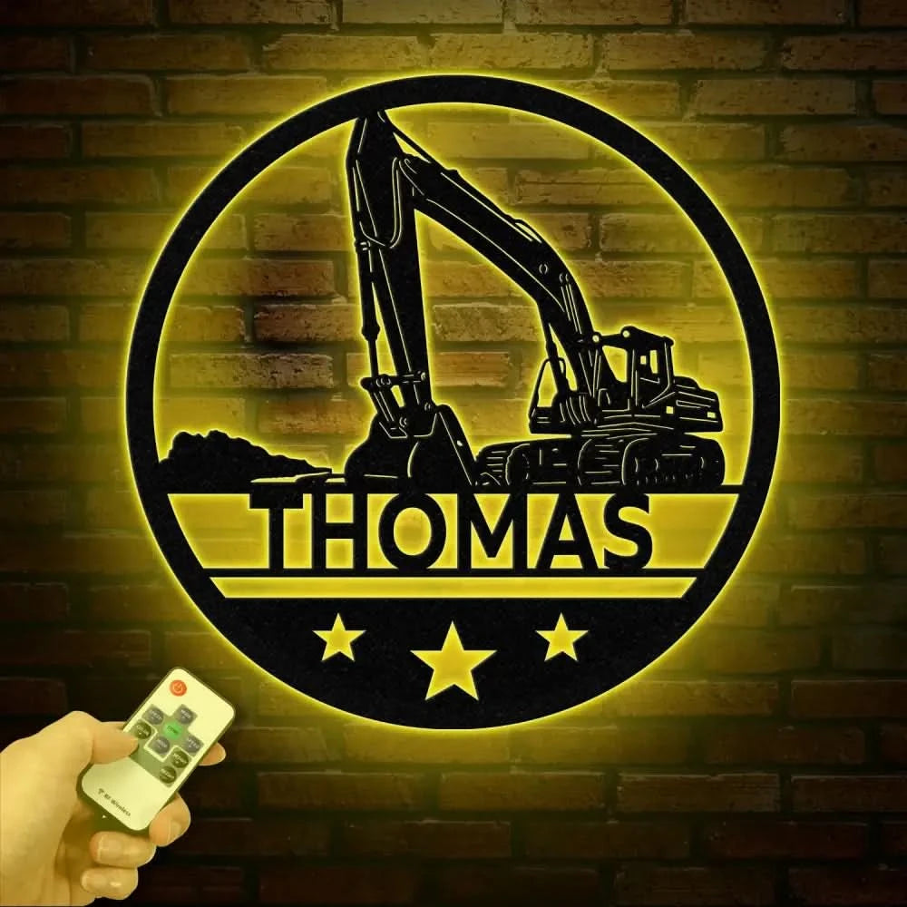 Custom Excavator Driver Metal Wall Art LED Light Personalized Excavator Name Sign Nursery Sign Construction Decoration