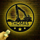 Custom Excavator Driver Metal Wall Art LED Light Personalized Excavator Name Sign Nursery Sign Construction Decoration