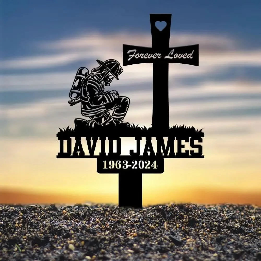 Custom Fireman Kneeling Memorial Metal Stake Firefighter Memorial Plaque FireFighter Sign Firefighter Grave Maker
