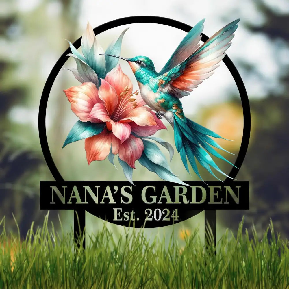 Custom Floral Blue Hummingbird Garden Sign Personalized Name Garden Stake Metal Garden Sign Gardener Name Sign Gardener