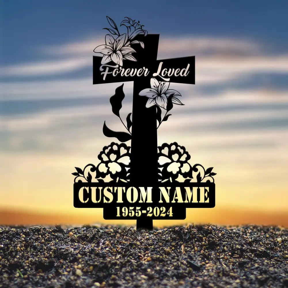 Custom Floral Cross Memorial Metal Stake Cross Memorial Plaque with Stake Sympathy Sign Grave Marker Remembrance Stake