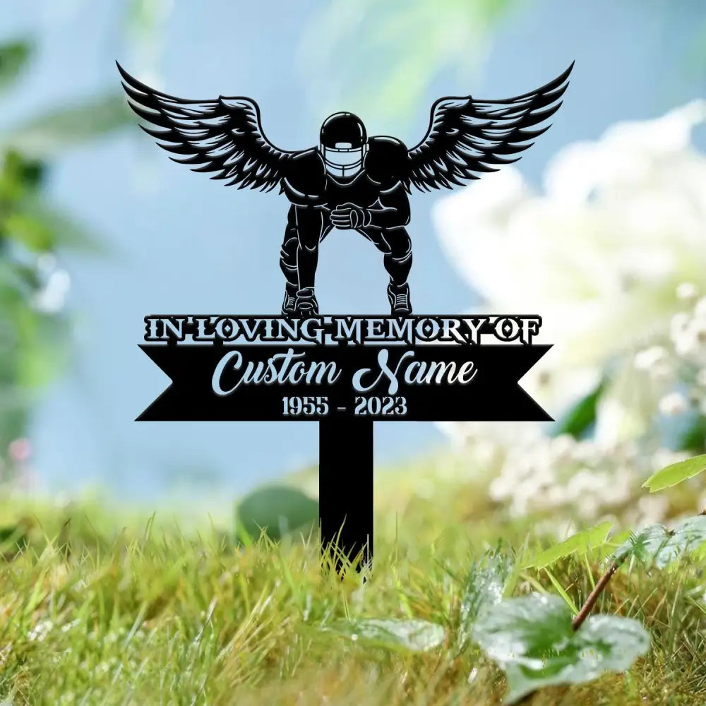 Custom Football Player with Angels Wings Memorial Plaque Stake Personalized Football Metal Cross Sign Sympathy Gift