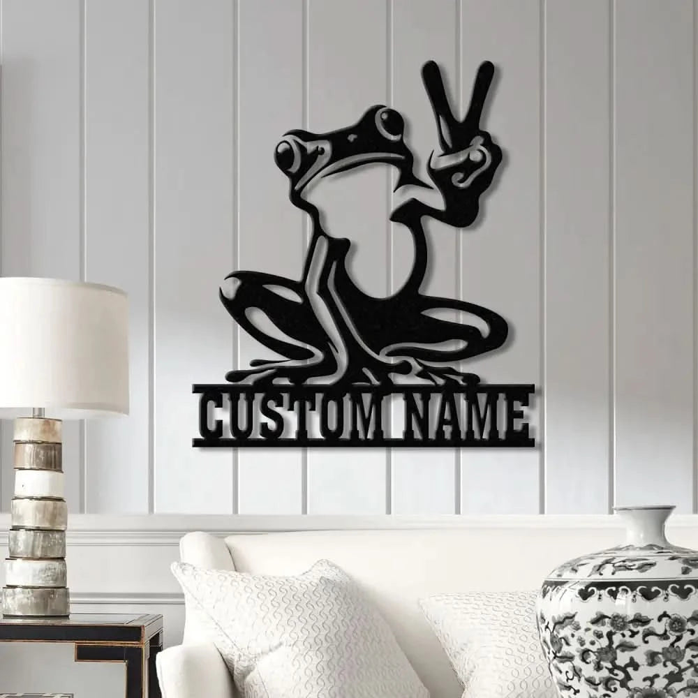 Custom Frog Peace Metal Sign with Led Lights Frog Wall Art Frog Decor Lake House Sign Personalized Frog Name Sign
