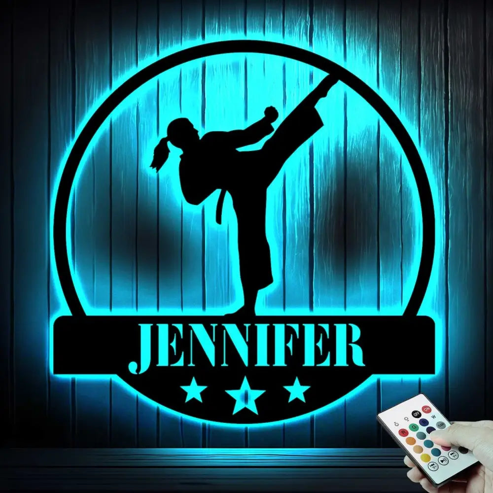 Custom Girl Taekwondo Martial Arts Metal Wall Art with LED Light - Personalized Kid Tae Kwon Do Name Sign Home