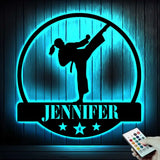 Custom Girl Taekwondo Martial Arts Metal Wall Art with LED Light - Personalized Kid Tae Kwon Do Name Sign Home