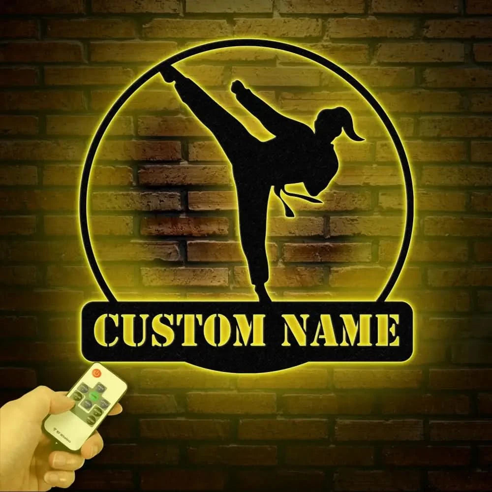 Custom Girl Taekwondo Metal Wall Art with LED Light – Personalized Tae Kwon Do Name Sign – Kids Martial Arts Home Decor