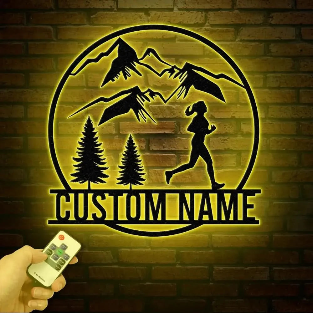 Custom Girl Trail Running Metal Wall Art with LED Light - Personalized Runner Name Sign - Home Decor & Perfect Gift for