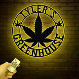 Custom Green House Metal Wall Art with LED Light - Personalized Marijuana Name Sign - Cannabis Home Decor - Smoker